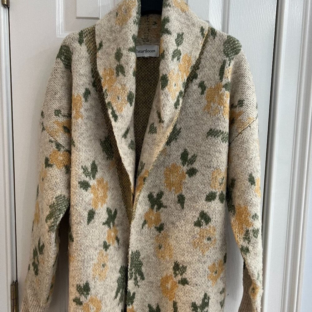 Heartloom Cream Floral Shawl Collar Cardigan with Mustard and Olive Accents